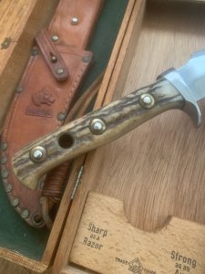 Puma Knife: 1966 Puma Skinner with Stag Antler Handle & Original Wooden Box  & Paperwork