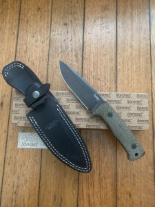 LionSTEEL Italy. Model T5B CVG Green Canvas Micarta Handle with Leather Sheath