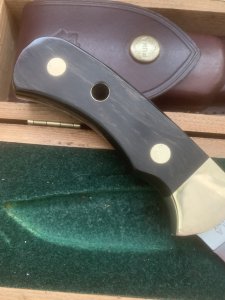 Puma Knife: Puma Original 1979 4 Star Fixed Blade Knife with Black Ebony Layered Handle in Original Wooden Box #13971