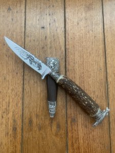 German Knife: 1980's Jagdnicker Hunting & Fishing Scene Knife with Stag Handle & Sheath