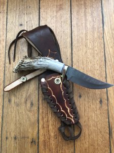 Ken Richardson Custom Handmade 4" Hunter Upswept Blade Hunting Knife with Deer Antler Handle & Custom Sheath