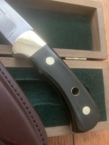 Puma Knife: Puma Original 1980's-90's 4 Star Fixed Blade Knife with Black Ebony Handle in Original Wooden Box