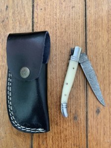 Damascus Folding Knife with White Bone Handle File Work and Pouch