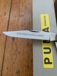 Puma Knife: Puma Mint Rare 1969 'STOCK' 3 blade Knife with Dark Brown Jigged Bone Handle and Box #96744