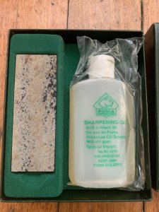 Puma Knife: Original 1980's Green Box Oilstone and Oil Sharpening Set in correct green box