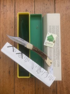 Puma Knife: Puma 1981 Rare model 905 Duke Folding Knife with Stag Handle Original Box and matching Warranty #15181