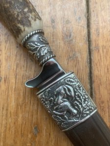 German Knife: 1980's Jagdnicker Hunting & Fishing Scene Knife with Stag Handle & Sheath
