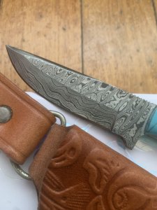 Damascus Turquoise and Pearl Corelon Hunting Knife with Sheath
