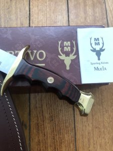 Muela Knife: Muela Big Bowie Coral Wood Laminated Handle & Leather Sheath