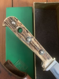 Puma Knife: Puma 6398 Original 1970 Hunters Friend knife Scrimshawed by SELVIDGE  with Sheath & Box