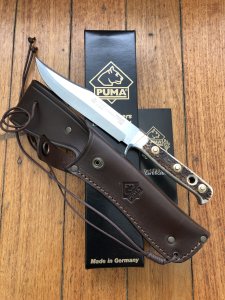 Puma Knife: Puma Lightly Used 1990 Bowie Handmade Knife with Stag Antler Handle & Original Puma Sheath