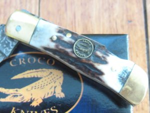 Croco Knife: 3004 Damascus bladed Folding lock Knife with Sambar Antler handle