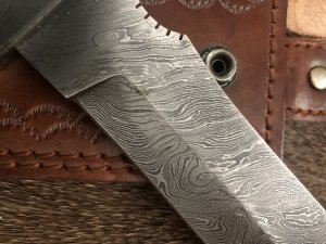 Damascus Knife: Damascus "White Hunter" Knife with Sambar Deer Antler Handle Mid Brown Sheath No2