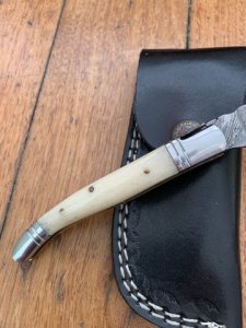 Damascus Folding Knife with White Bone Handle File Work and Pouch