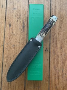 Puma Knife: Puma 1978 Vintage 'MOUNTAIN LION' 3573 Boot Knife with Stag Handle Sheath & Yellow/Green Box