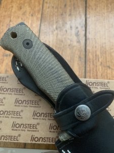 LionSTEEL Italy. Model T5B CVG Green Canvas Micarta Handle with Leather Sheath