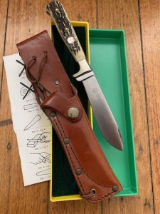 Puma Knife: Puma 1981 Jagdnicker Knife with Stag Handle & Green & Yellow Box #15181
