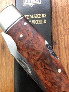 Puma Knife: Rare Puma THUYA Folding Knife with Root Wood Handle in original Black Box