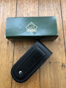 Puma Knife Sheath: 1980'S Medium Vertical Black Leather Knife Pouch in Original Green Box