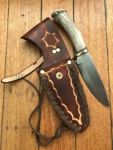 Ken Richardson Custom Handmade 5.5" Drop Point Blade Hunting Knife with Deer Antler Handle & Custom Sheath