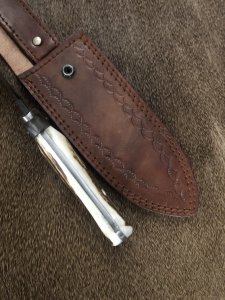 Damascus Knife: Damascus "White Hunter" Knife with Sambar Deer Antler Handle Mid Brown Sheath No2