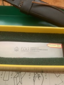 Puma Knife: Puma 1987 FAHRTENMESSER Jacaranda Wood in Original Sheath and Plastic Box with Tag