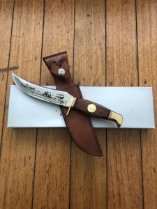 Solingen Germany Upswept Blade with Grizzly Bear Scene Hunting Knife in Sheath & Box