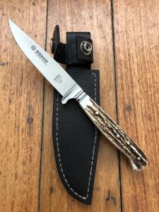 Boker Tree Brand Solingen German Made Nicker Fixed Blade Knife with Deer Antler Handle & Custom Sheath