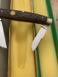 Puma Knife: Puma Mint Rare 1969 'STOCK' 3 blade Knife with Dark Brown Jigged Bone Handle and Box #96744