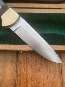 Puma Knife: Puma Original 1979 4 Star Fixed Blade Knife with Black Ebony Layered Handle in Original Wooden Box #13971