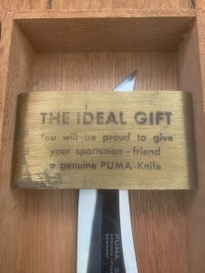 Puma Knife: 1966 Puma Skinner with Stag Antler Handle & Original Wooden Box  & Paperwork