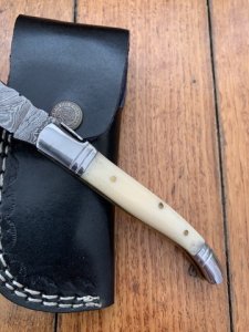 Damascus Folding Knife with White Bone Handle File Work and Pouch