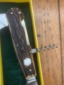 Puma Knife: Puma 1990 Waidmesser GameKeeper Knife with Stag Handle & Green & Yellow Box #24091