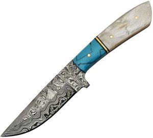 Damascus Turquoise and Pearl Corelon Hunting Knife with Sheath