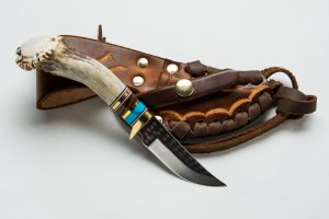 Ken Richardson Custom Handmade 3" Blade Hunter with Turquoise and Cocobolo Inserts Deer Antler Handle & Custom Sheath
