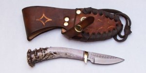 Ken Richardson Custom Handmade 3" Drop Point Blade Hunting Knife with Deer Antler Handle & Custom Sheath