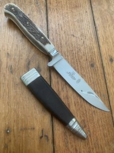 1970's Hubertus Solingen Jagdnicker Knife with Deer Antler Handle & Sheath