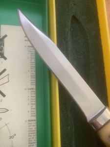 Puma Knife: Puma 1981 Vintage 3573 Boot Knife with Stag Handle Sheath in Puma Green/Yellow Box