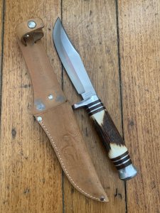Solingen Germany EUROCUT Original 5" Blade Bowie Knife with Deer Antler Handle & Leather Sheath