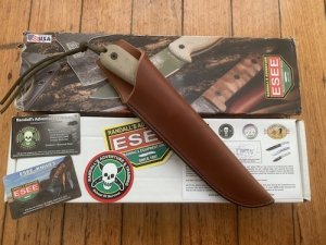 ESEE Knives- ESEE-6HM Knife with Ivory-Beige Micarta Handle & Black Plain Edge Blade & Leather Sheath