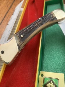 Puma Knife: 1974 Mint Puma Prince Folding Knife with Sambar Stag Antler Handle Box and Warranty #98474