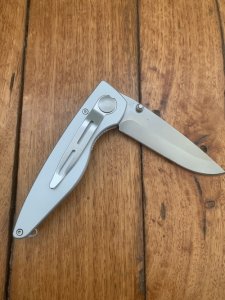 Puma Knife: Puma 2002 Handic Brushed Silver & Stag Slab Linerlock Folding Knife