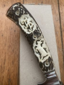 German Knife: 1970'-80's  Integral Jagdnicker Knife with Carved Stag Handle & Sheath