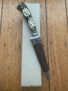 German Knife: 1970'-80's  Integral Jagdnicker Knife with Carved Stag Handle & Sheath