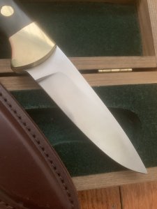 Puma Knife: Puma Original 1980's-90's 4 Star Fixed Blade Knife with Black Ebony Handle in Original Wooden Box