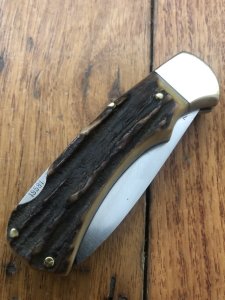 Puma Knife: Puma 1985 USED 745 4 Star Full Sized Folding Lock Knife with Stag Antler Handle *19581