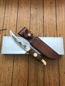 Solingen Germany Upswept Blade with Grizzly Bear Scene Hunting Knife in Sheath & Box