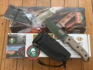 ESEE Knives- ESEE-5 Knife with Ivory Beige Micarta Handle Green Blade & Black Kydex Sheath