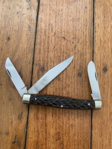 Puma Knife: Puma rare vintage 1974 'STOCK' 3 blade Fold back Knife with Dark Brown Jigged Bone Handle