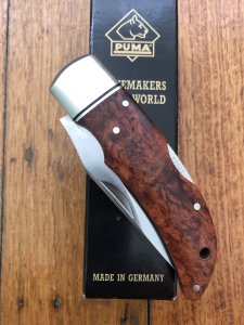 Puma Knife: Rare Puma THUYA Folding Knife with Root Wood Handle in original Black Box